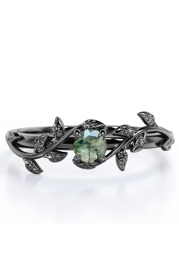Solitaire - 0.50 Carat Round Brilliant Cut Real Solid Moss Green Agate - Magic Forest Branch Engagement Ring - 18K Black Gold Plating over Silver