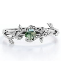 JeenMata Solitaire - 0.50 Carat Round Brilliant Cut Real Solid Moss Green Agate - Magic Forest Branch Engagement Ring - 18K White Gold Plating over Silver
