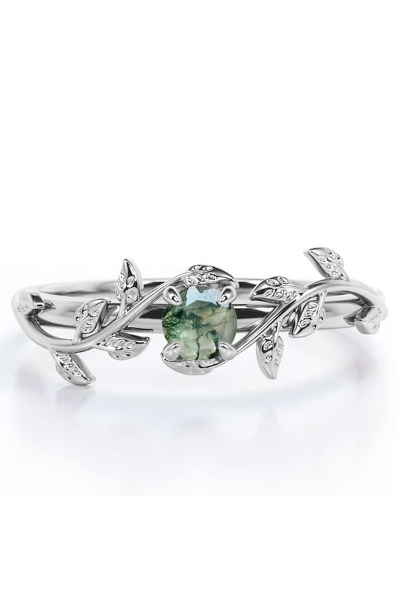 Solitaire - 0.50 Carat Round Brilliant Cut Real Solid Moss Green Agate - Magic Forest Branch Engagement Ring - 18K White Gold Plating over Silver
