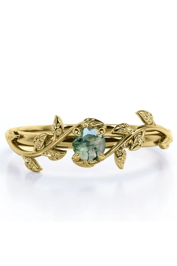Solitaire - 0.50 Carat Round Brilliant Cut Real Solid Moss Green Agate - Magic Forest Branch Engagement Ring - 18K Yellow Gold Plating over Silver
