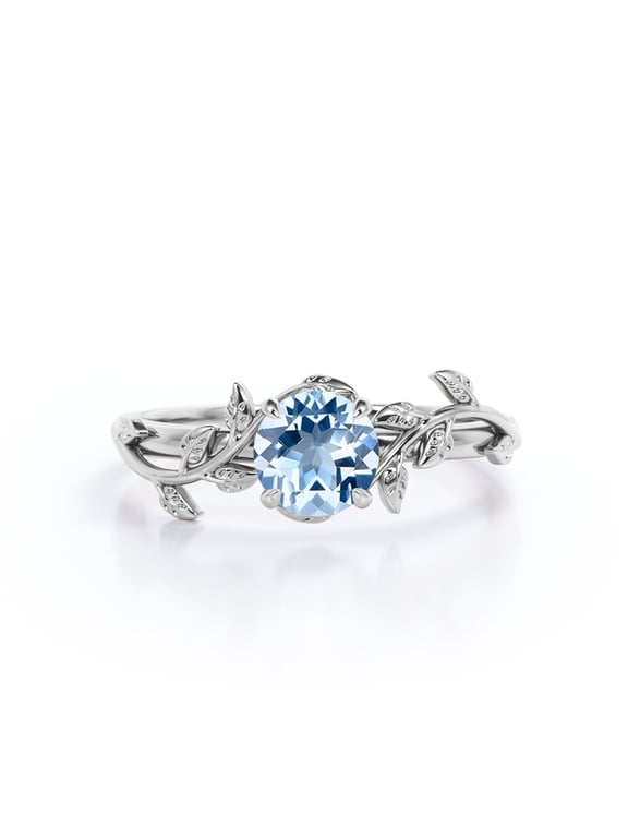 Solitaire - 0.50 Carat Round Shape Lab Created Aquamarine - Botanical Style Engagement Ring - 18K White Gold Plating over Silver