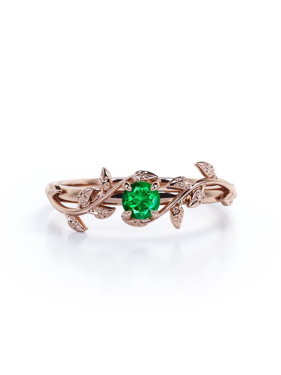 Solitaire - 0.50 Carat Round Shape Lab Created Emerald - Botanical Style Engagement Ring - 18K Rose Gold Plating over Silver
