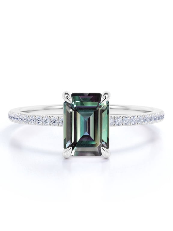 Solitaire 1.25 Carat Emerald Cut Lab Created Alexandrite and Moissanite Semi Eternity Pave Engagement Ring - 18k White Gold over Silver