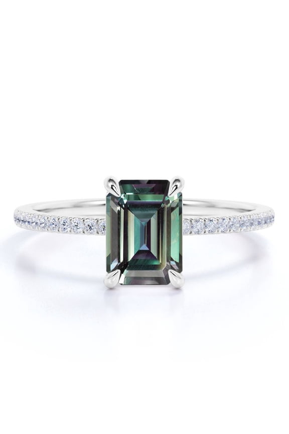 Solitaire 1.25 Carat Emerald Cut Lab Created Alexandrite and Moissanite Semi Eternity Pave Engagement Ring - 18k White Gold over Silver