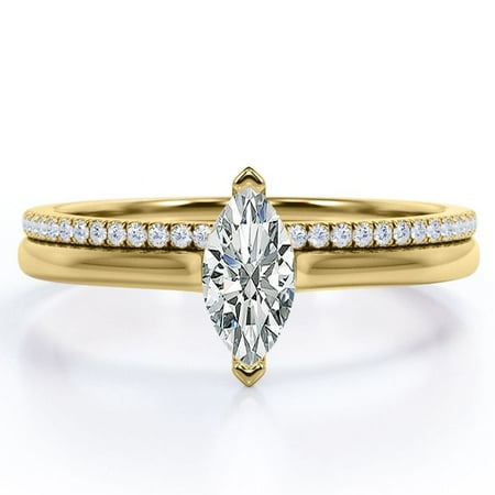 JeenMata Solitaire 1.75 Carat Marquise Cut with Pave Shank Wedding Band Bridal Ring Set in 18K Yellow Gold Plating over Silver