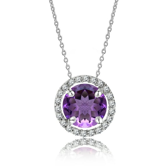 JeenMata Solitaire 1.25 Carat Round Cut - Amethyst - February Birthstone Halo Pendant Necklace in White Gold Plating, Adult, Female