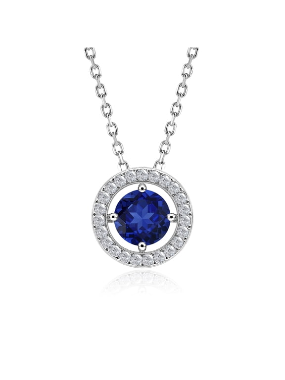Solitaire 1.25 Carat Round Cut - Blue Sapphire - September Birthstone Halo Pendant Necklace in White Gold Plating, Adult, Female