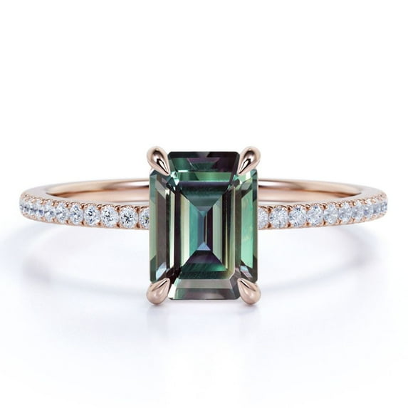 JeenMata Solitaire 1.25 Carat Emerald Cut Lab Created Alexandrite and Moissanite Semi Eternity Pave Engagement Ring - 18k Rose Gold over Silver