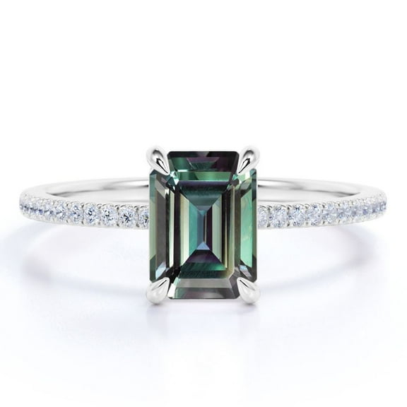 JeenMata Solitaire 1.25 Carat Emerald Cut Lab Created Alexandrite and Moissanite Semi Eternity Pave Engagement Ring - 18k White Gold over Silver
