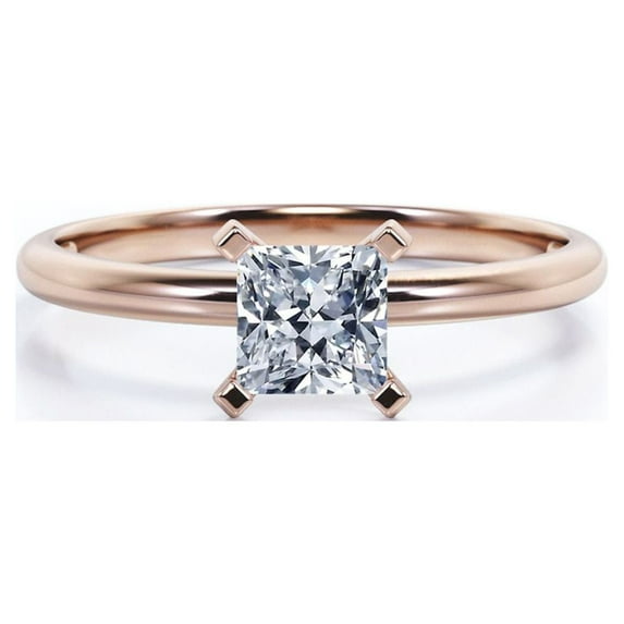 JeenMata Solitaire 1 Carat Princess Cut Moissanite Prong Set Promise Ring In 18K Rose Gold Plating Over Silver
