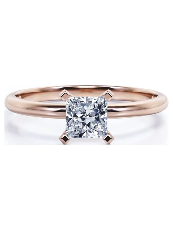 Solitaire 1 Carat Princess Cut Moissanite Prong Set Promise Ring In 18K Rose Gold Plating Over Silver