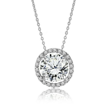 JeenMata Solitaire 1 Carat Round Cut - Moissanite - April Birthstone Halo Pendant Necklace 18k White Gold over Silver, Adult, Female