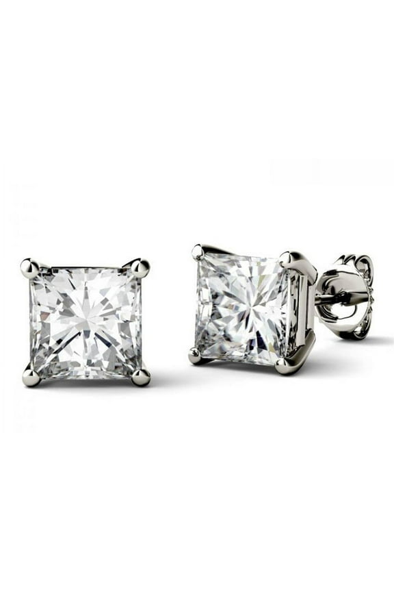 Solitaire 4 Carat Princess Cut Moissanite Stud Earrings in 10k White Gold