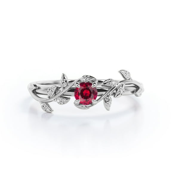 JeenMata Solitaire Bohemian Style 0.50 Carat Round Shape Lab Created Ruby Engagement Ring in 18K White Gold Plating over Silver