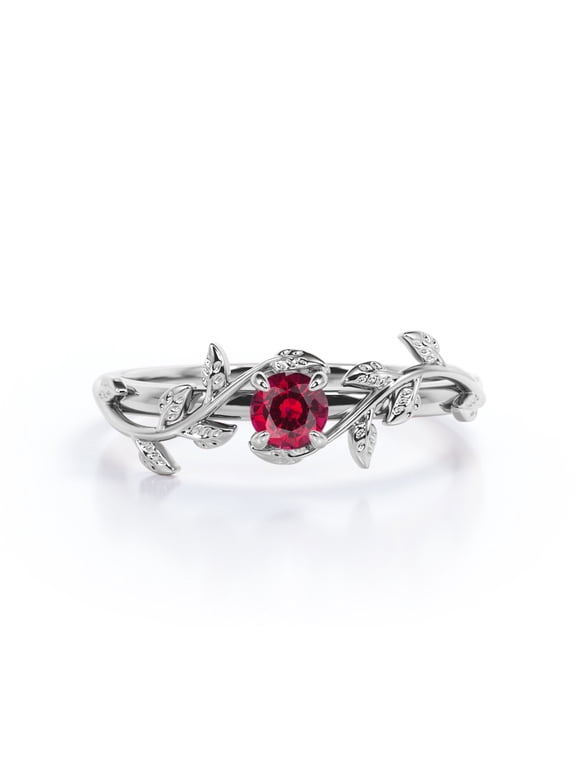 Solitaire Bohemian Style 0.50 Carat Round Shape Lab Created Ruby Engagement Ring in 18K White Gold Plating over Silver
