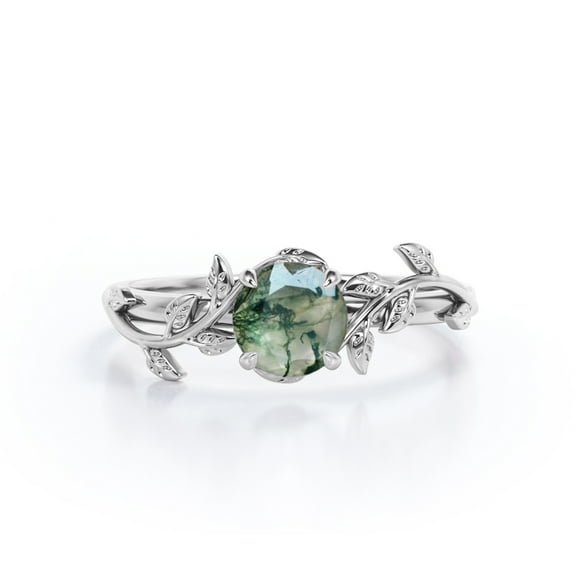 JeenMata Solitaire Bohemian Style 0.50 Carat Round Shape Milky Druzy Moss Green Agate Engagement Ring in 18K White Gold Plating over Silver