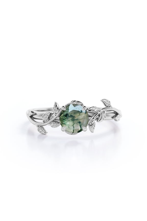 Solitaire Bohemian Style 0.50 Carat Round Shape Milky Druzy Moss Green Agate Engagement Ring in 18K White Gold Plating over Silver