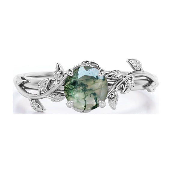 JeenMata Solitaire Bohemian Style 0.50 Carat Round Shape Milky Druzy Moss Green Agate Engagement Ring in 18K White Gold Plating over Silver