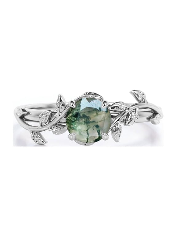 Solitaire Bohemian Style 0.50 Carat Round Shape Milky Druzy Moss Green Agate Engagement Ring in 18K White Gold Plating over Silver