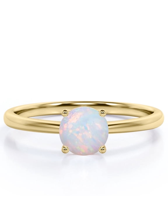 Solitaire - Cathedral - 1 Carat Round Cut White Galaxy Opal - Dainty - Prong Set Engagement Ring - 18K Yellow Gold Plating Over Silver