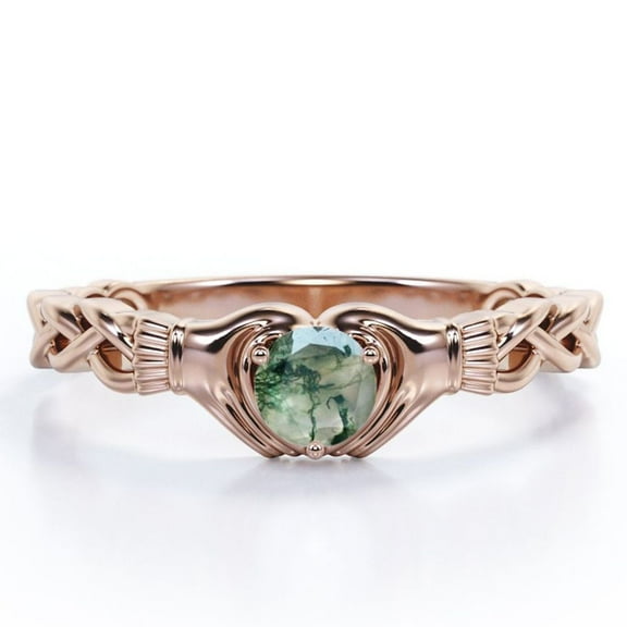 JeenMata Solitaire Claddagh - 1 Carat Round Brilliant Cut Clear Druzy Moss Green Agate - Braided Engagement Ring - 18K Rose Gold Plating over Silver
