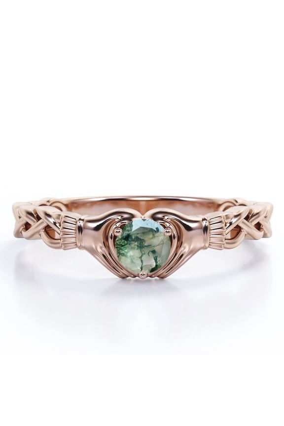 Solitaire Claddagh - 1 Carat Round Brilliant Cut Clear Druzy Moss Green Agate - Braided Engagement Ring - 18K Rose Gold Plating over Silver