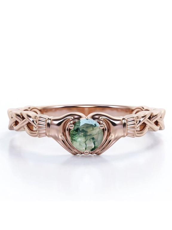 Solitaire Claddagh - 1 Carat Round Brilliant Cut Clear Druzy Moss Green Agate - Braided Engagement Ring - 18K Rose Gold Plating over Silver