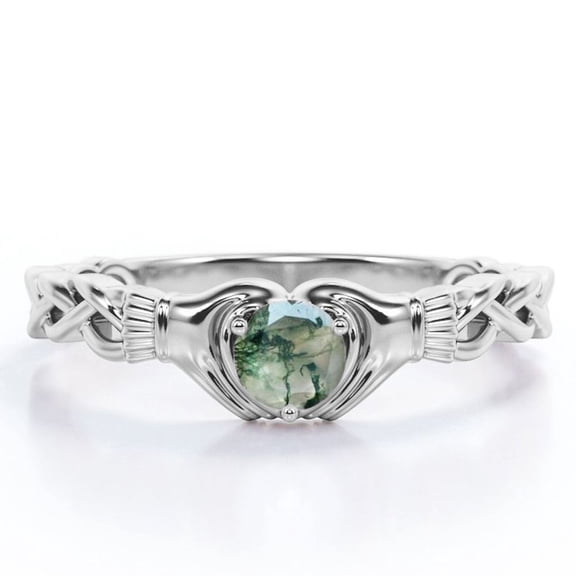 JeenMata Solitaire Claddagh - 1 Carat Round Brilliant Cut Clear Druzy Moss Green Agate - Braided Engagement Ring - 18K White Gold Plating over Silver