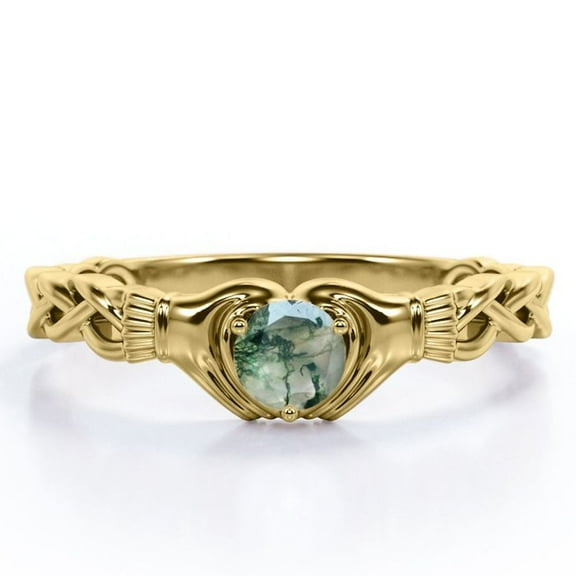 JeenMata Solitaire Claddagh - 1 Carat Round Brilliant Cut Clear Druzy Moss Green Agate - Braided Engagement Ring - 18K Yellow Gold Plating over Silver