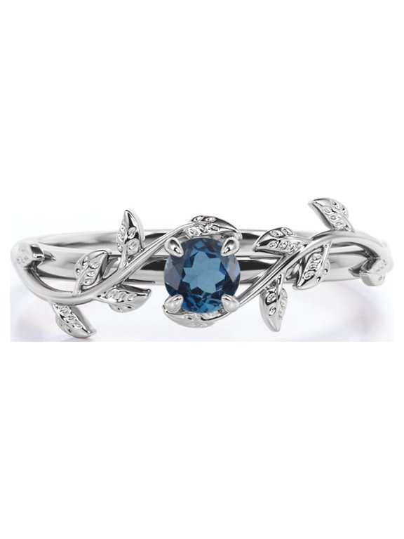 Solitaire Design 0.50 Carat Round Brilliant Cut London Blue Topaz Branch Leaves Engagement Ring in 18K White Gold Plating over Silver