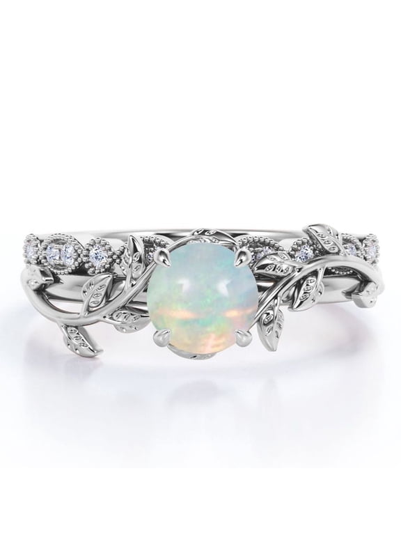Solitaire Prong Set 0.65 Carat Round Shaped Opal And Moissanite Branch Leaf Design Bridal Ring Set In 18K White Gold Plating Over Silver