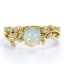 JeenMata Solitaire Prong Set 0.65 Carat Round Shaped Opal And Moissanite Branch Leaf Design Bridal Ring Set In 18K Yellow Gold Plating Over Silver