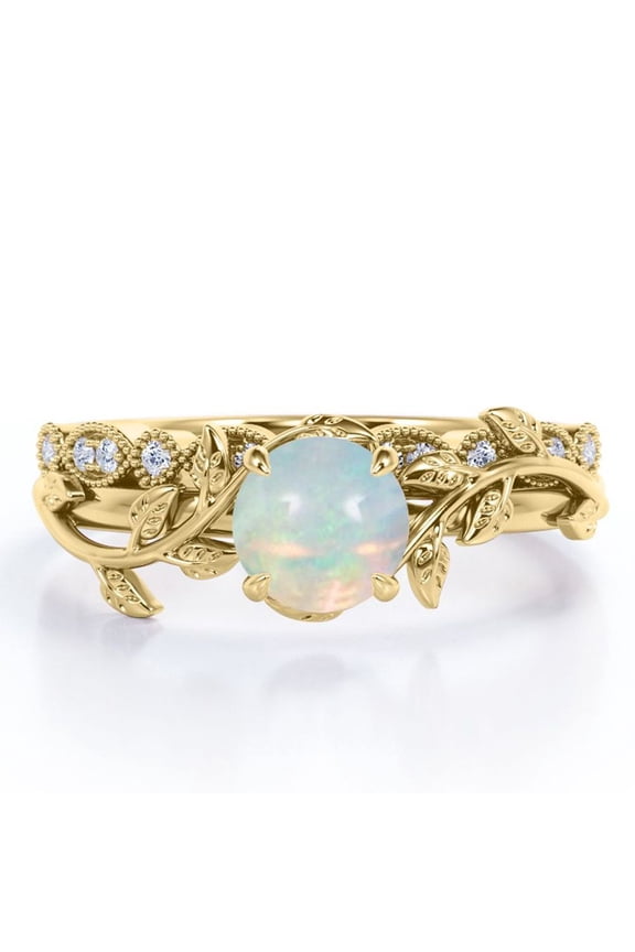 Solitaire Prong Set 0.65 Carat Round Shaped Opal And Moissanite Branch Leaf Design Bridal Ring Set In 18K Yellow Gold Plating Over Silver