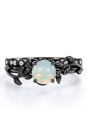 Solitaire Prong Set 0.65 Carat Round Shaped Opal And Moissanite Branch Leaf Design Bridal Ring Set In 18K Black Gold Plating Over Silver