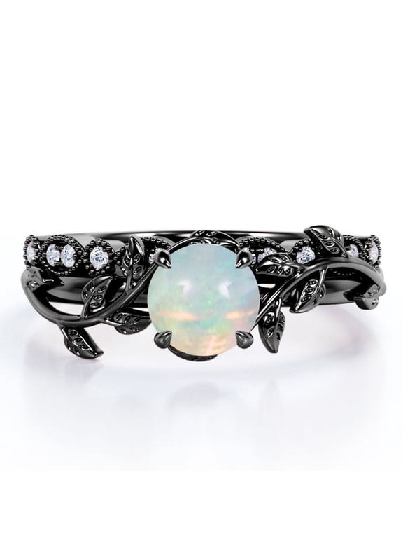 Solitaire Prong Set 0.65 Carat Round Shaped Opal And Moissanite Branch Leaf Design Bridal Ring Set In 18K Black Gold Plating Over Silver