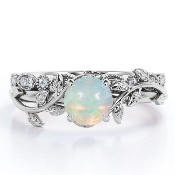 JeenMata Solitaire Prong Set 0.65 Carat Round Shaped Opal And Moissanite Branch Leaf Design Bridal Ring Set In 18K White Gold Plating Over Silver