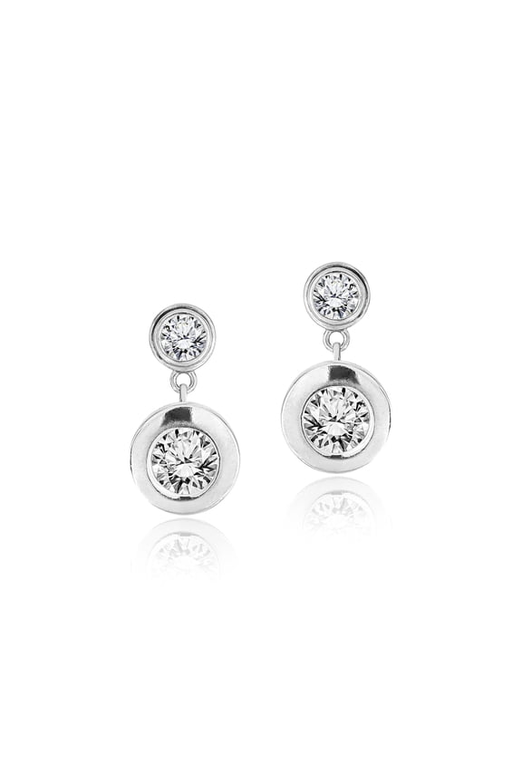 Sparkling 2.5 Carat Double Round Cut Stone - Bezel Set - Women's Dangle Earrings - White Gold plated