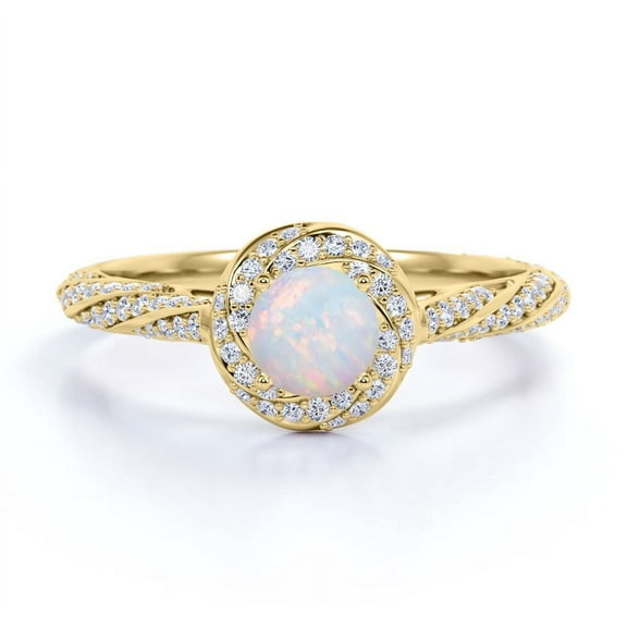 JeenMata Splendid Encrusted Twirl 1.2 TCW Round Cut Rainbow Opal and Moissanite Halo-Pave Engagement Ring in 18K Yellow Gold Plating over Silver
