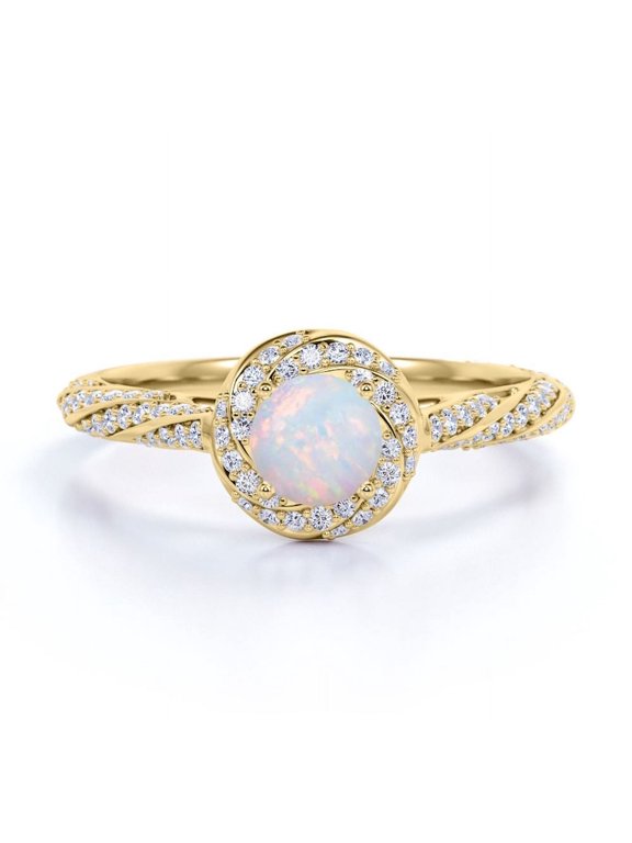 Splendid Encrusted Twirl 1.2 TCW Round Cut Rainbow Opal and Moissanite Halo-Pave Engagement Ring in 18K Yellow Gold Plating over Silver