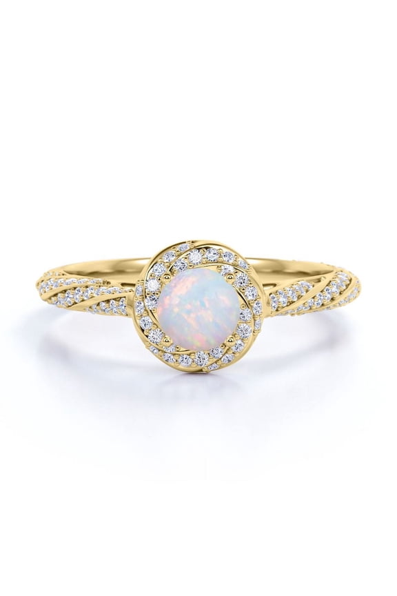 Splendid Encrusted Twirl 1.2 TCW Round Cut Rainbow Opal and Moissanite Halo-Pave Engagement Ring in 18K Yellow Gold Plating over Silver