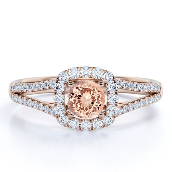 JeenMata Split Shank 1 Carat Round Brilliant Cut Lab created morganite and Moissanite Cushion Halo Engagement Ring in 18K Rose Gold Plating over Silver