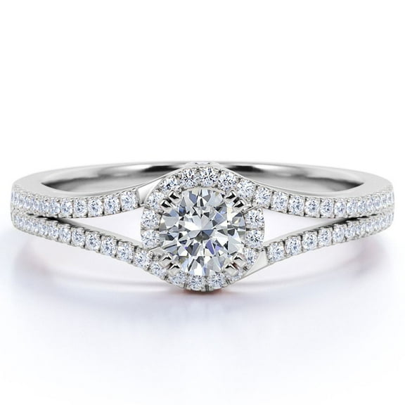 JeenMata Split Shank Halo 1.5 Carat Round Shaped Moissanite Pave Double Bezel Engagement Ring In White Gold Plating Over Silver