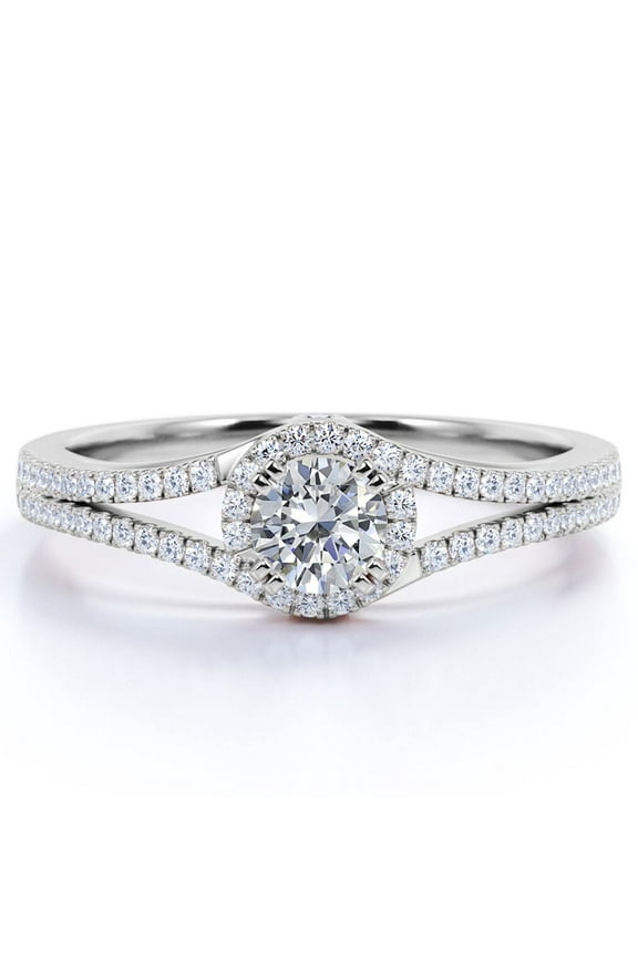 Split Shank Halo 1.5 Carat Round Shaped Moissanite Pave Double Bezel Engagement Ring In White Gold Plating Over Silver