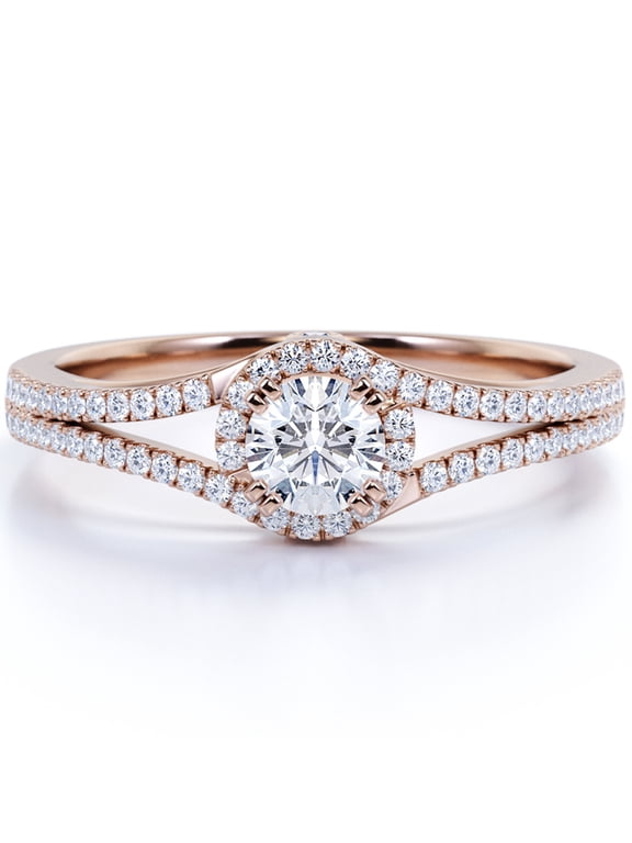 Split Shank Halo 1.25 Carat Round Shaped Engagement Ring - Pave Double Bezel - 18K Rose Gold Plating Over Silver