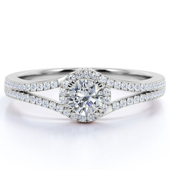 JeenMata Split Shank Halo 1.25 Carat Round Shaped Engagement Ring - Pave Double Bezel - 18K White Gold Plating Over Silver