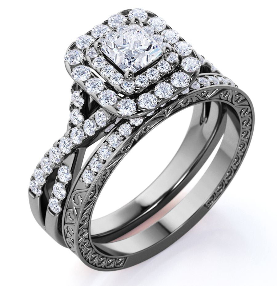 JeenMata Square Diamond  Double Halo  Twisted Band  Vintage Inspired  Pave  Gothic Wedding Ring Set in 10K Black Gold  (图1)