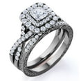 thumbnail image 1 of JeenMata Square Diamond - Double Halo - Twisted Band - Vintage Inspired - Pave - Gothic Wedding Ring Set in 10K Black Gold, 1 of 8