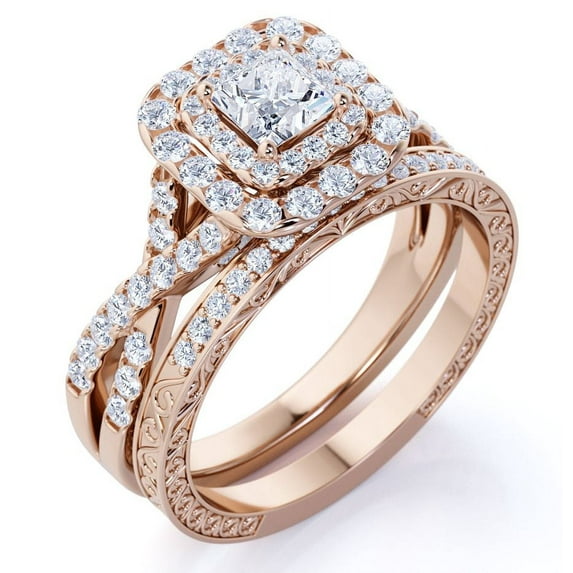 JeenMata Square Diamond - Double Halo - Twisted Band - Vintage Inspired - Pave - Wedding Ring Set in 10K Rose Gold