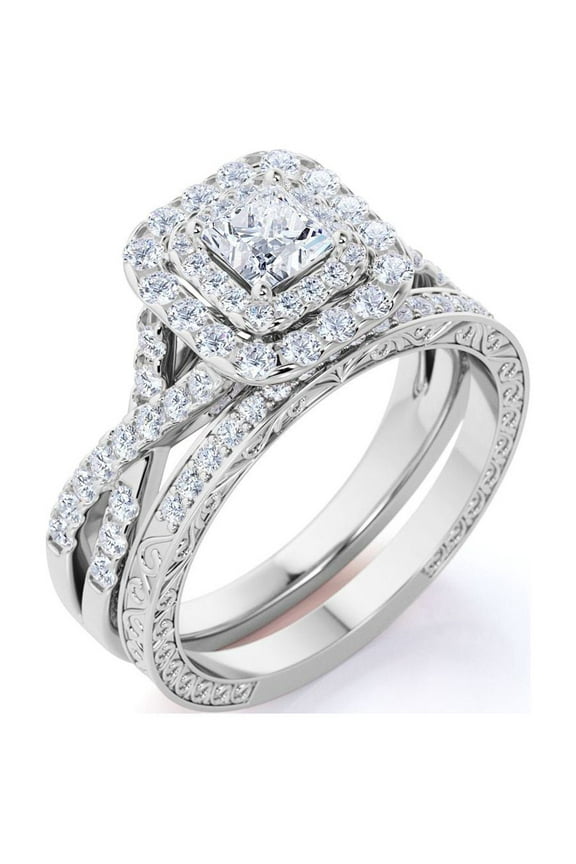 Square Diamond - Double Halo - Twisted Band - Vintage Inspired - Pave - Wedding Ring Set in 10K White Gold