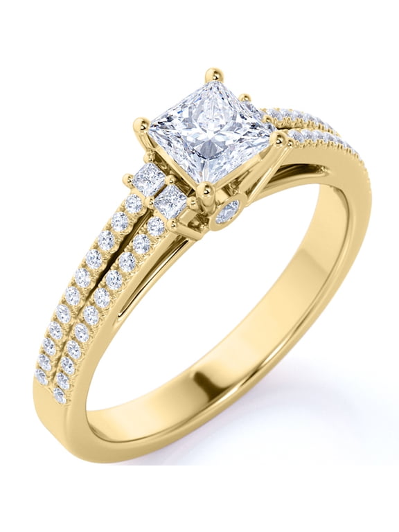 Stunning 0.58 Carat Princess Cut Moissanite - Pave Ring - Antique Ring - Double Band Engagement Ring - 18K Yellow Gold over Silver